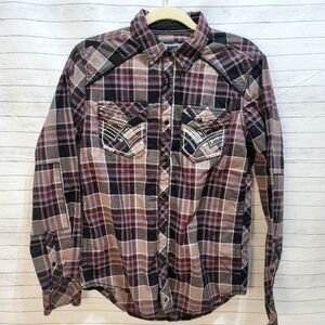 BUCKLE BLACK LONG SLEEVE BUTTON DOWN, BLK TSNAP BUTTONS BLK MAROON & TAN PLAID